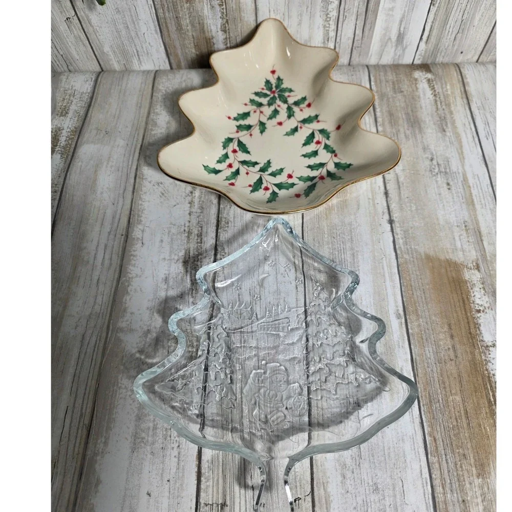 Lenox Holiday Christmas Tree Candy Dish and Glass Santa Nut Bowl Set‎ of 2